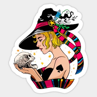 Beautiful witch holding a skull Sticker